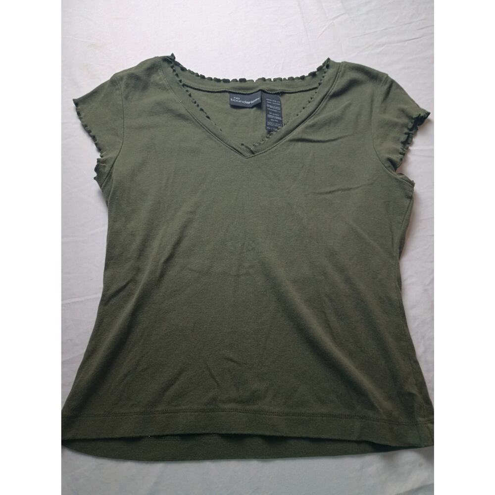 No Boudaries Green V Neck Y2K Short sleeve Shirt Women Size Junior Large